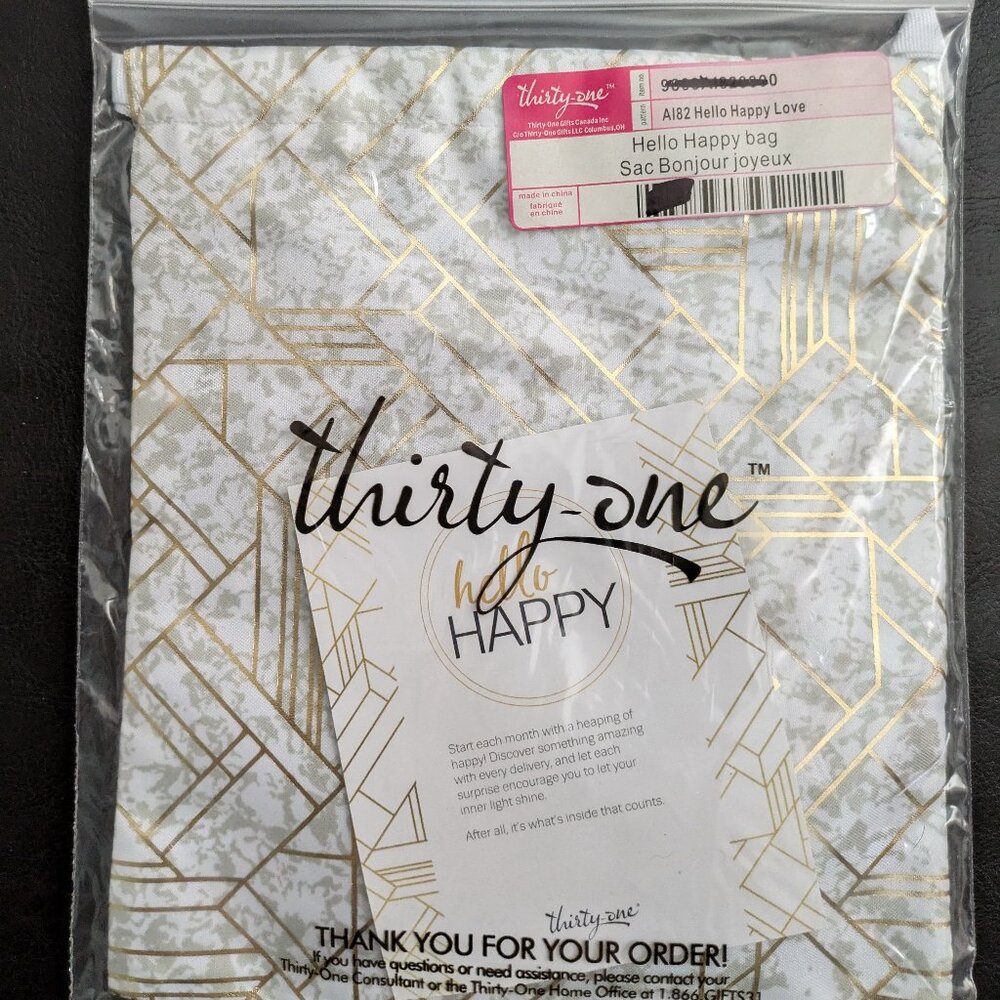 Hello Happy drawstring bag by Thirty-One -gold geometric design